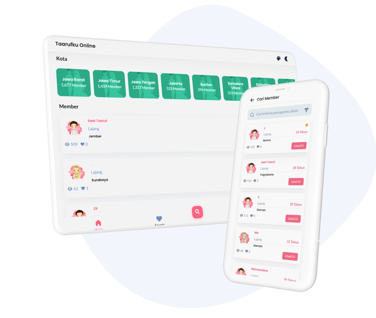 Ilustrasi fitur Taarufku Online seperti Buat CV Taaruf, Ruang Taaruf, dan Notifikasi